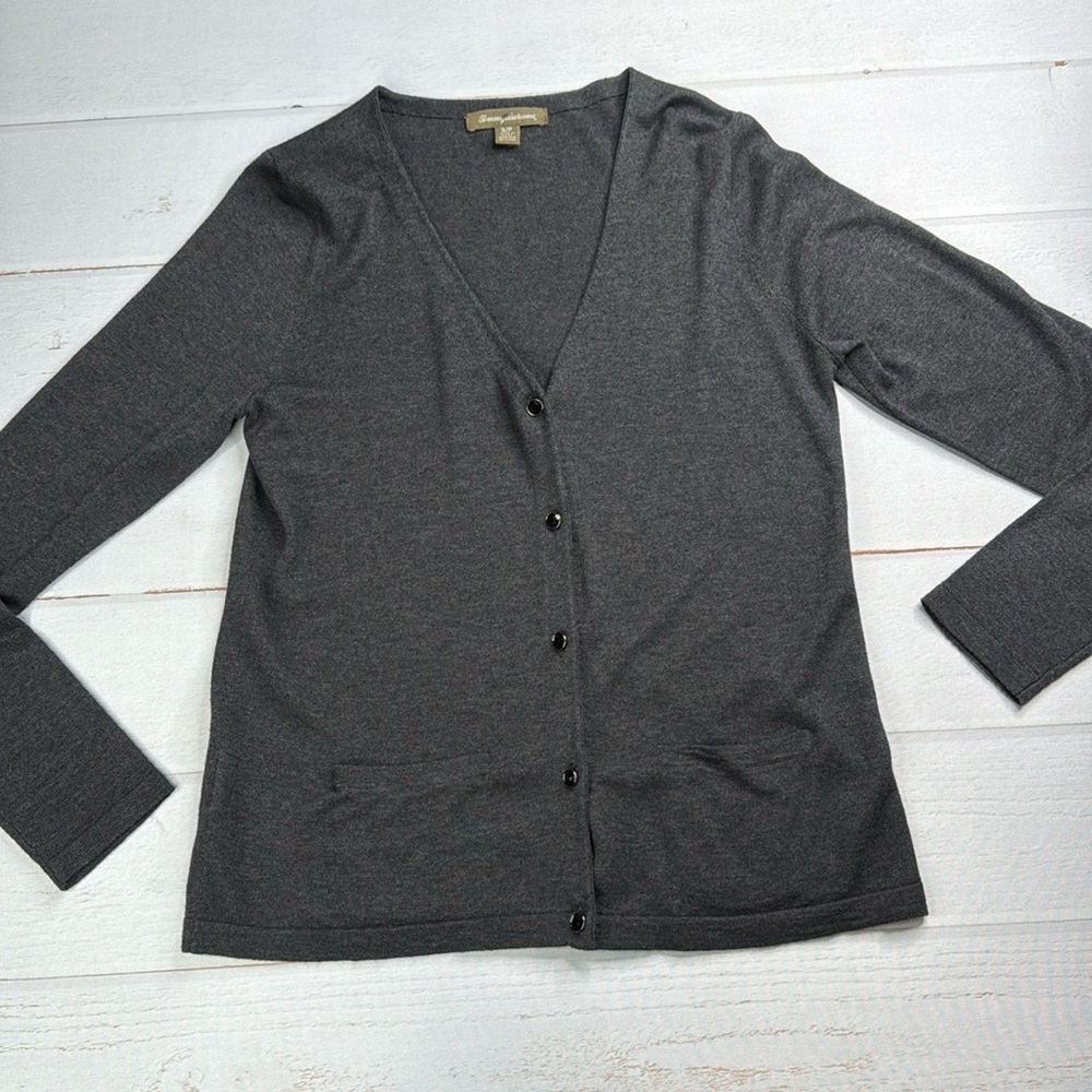 Tommy Bahama Black Jewel Button Grey V-neck Cardigan Front Pockets Size Small